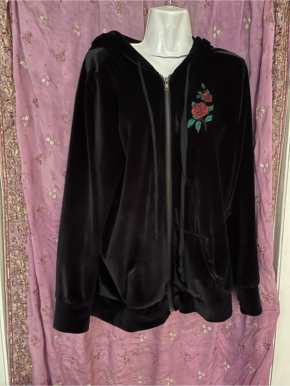 POL Black Velvet Bomber Jacket with Red Rose Embroidery